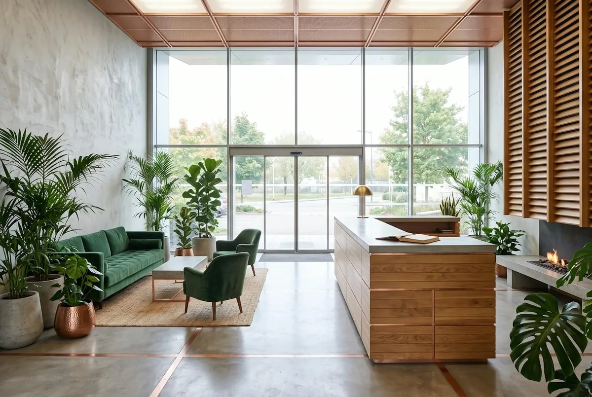 l'accueil : comptoir en bois, salon et plantes