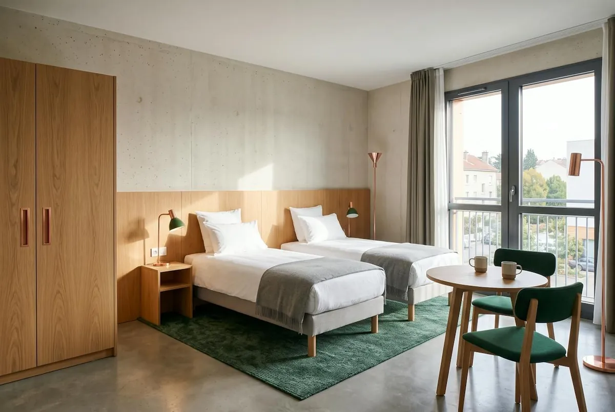 Chambre à deux lits — la chambre à deux lits, son armoire en bois et sa table