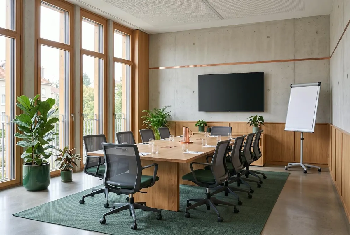 Séminaires et réunions — la salle de réunion : table pour douze, grandes fenêtres, écran et paperboard